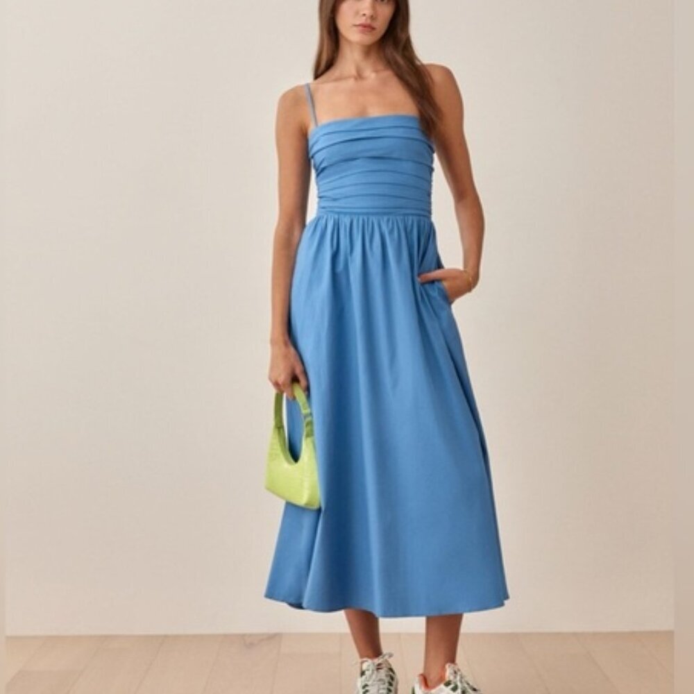 NEW Reformation Lissa Cotton Midi Dress Azure Blue Removable Strap | US 2 UK 6